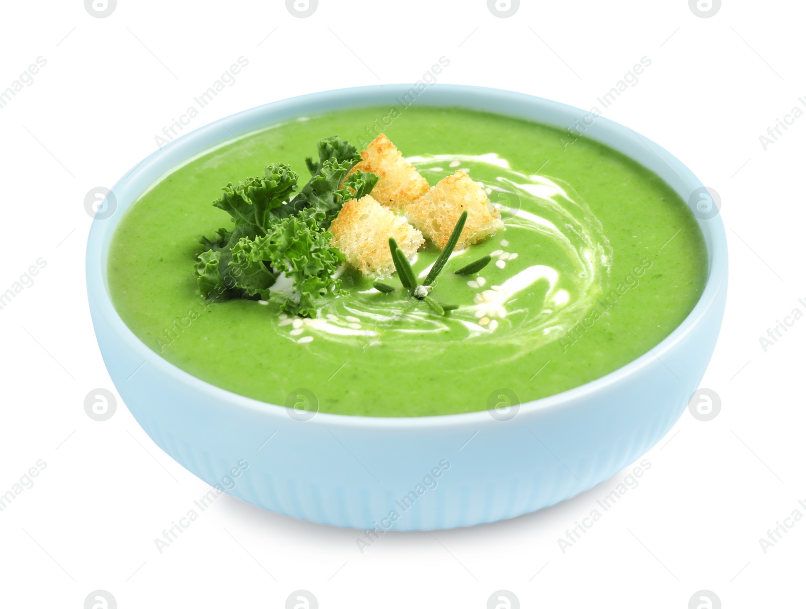 Photo of Tasty kale soup with croutons isolated on white