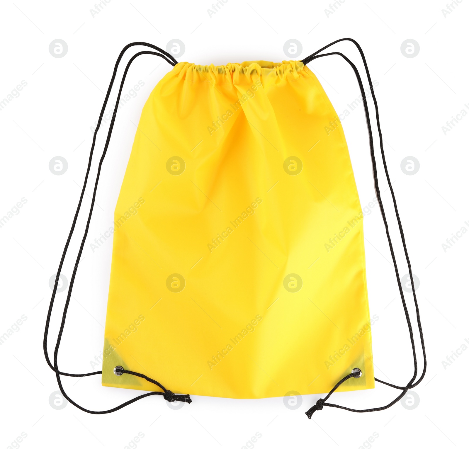 Photo of One yellow drawstring bag isolated on white