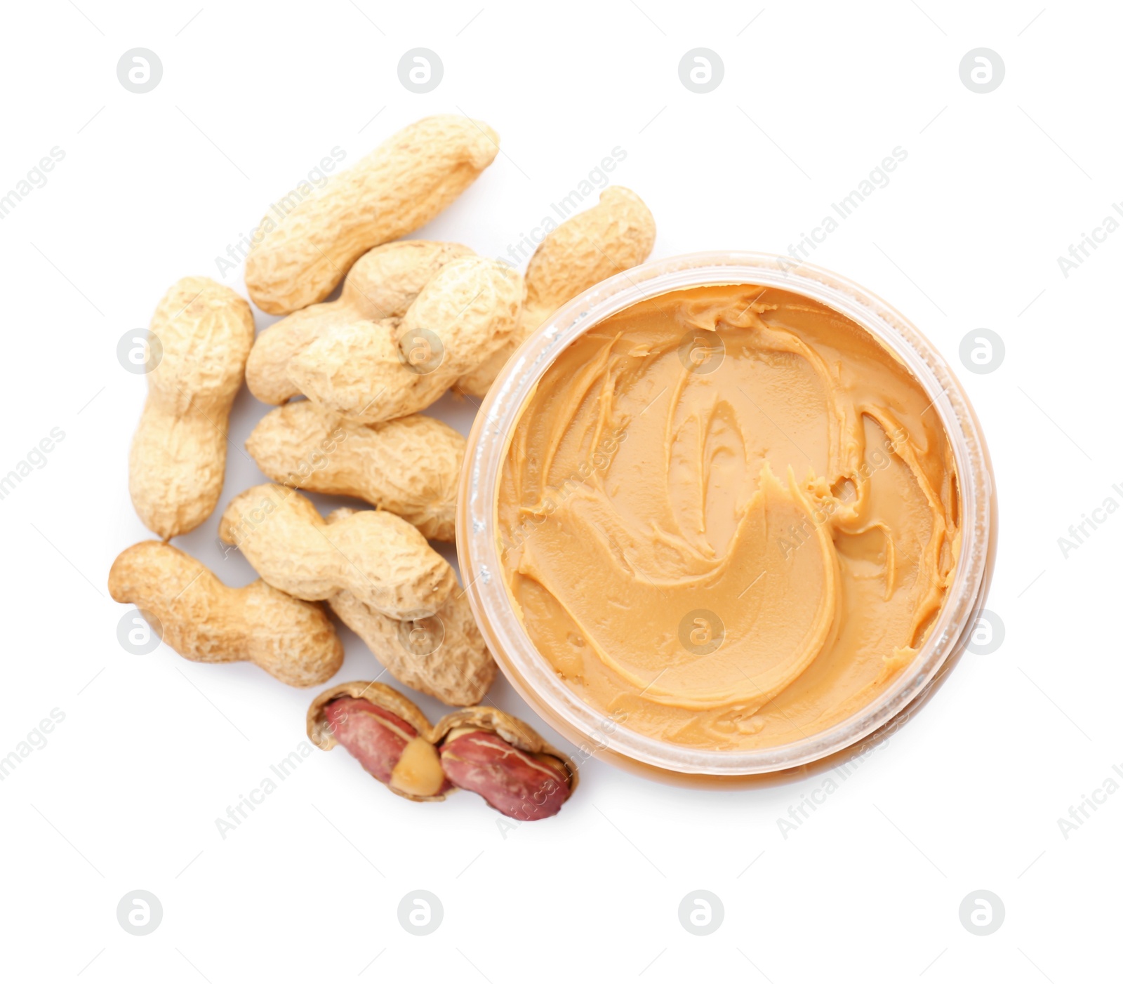 Photo of Jar with creamy peanut butter on white background