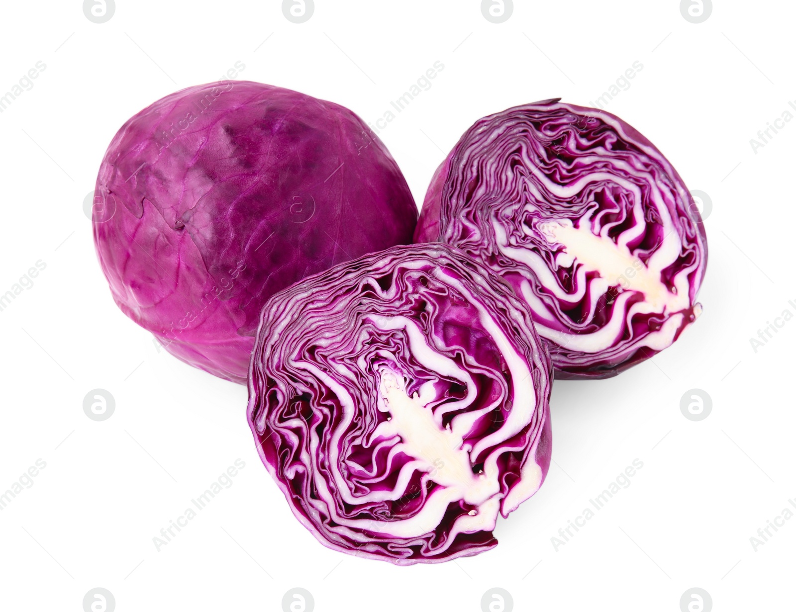 Photo of Whole and cut fresh red cabbages isolated on white