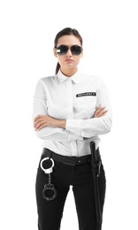 Female security guard in uniform on white background