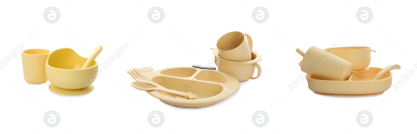 Image of Set with dishware on white background, banner design. Serving baby food