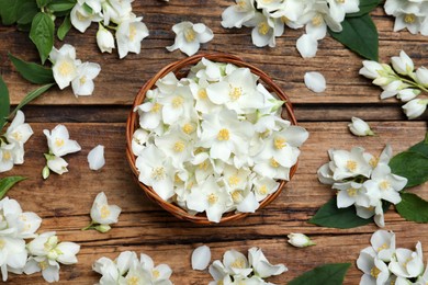 Photo of Flat lay composition with beautiful jasmine flowers on wooden background