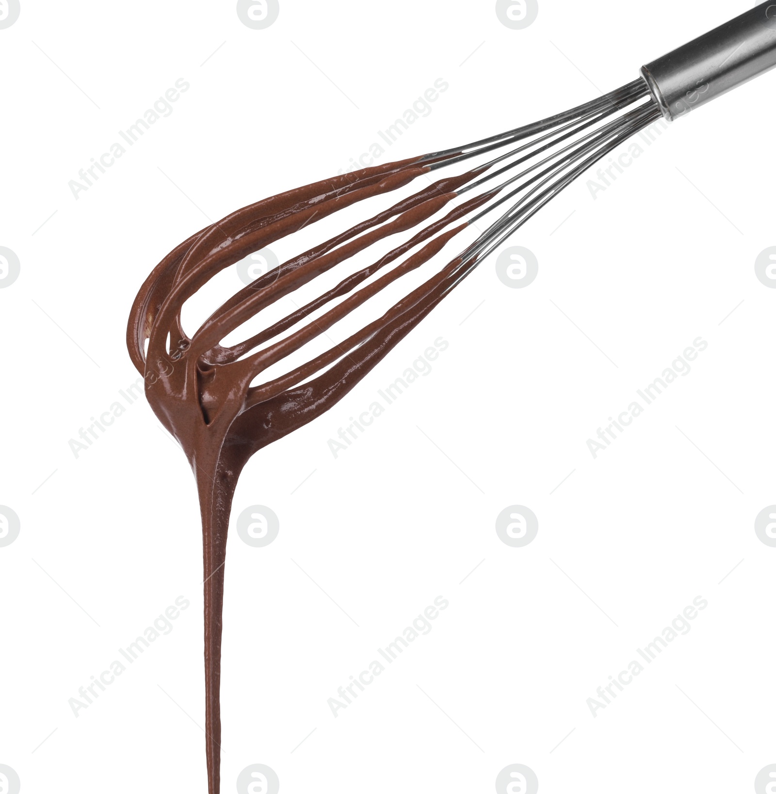 Photo of Chocolate cream flowing from whisk isolated on white