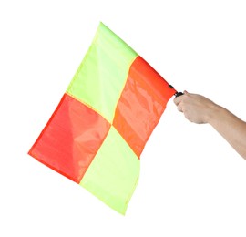 Photo of Referee holding linesman flag on white background, closeup