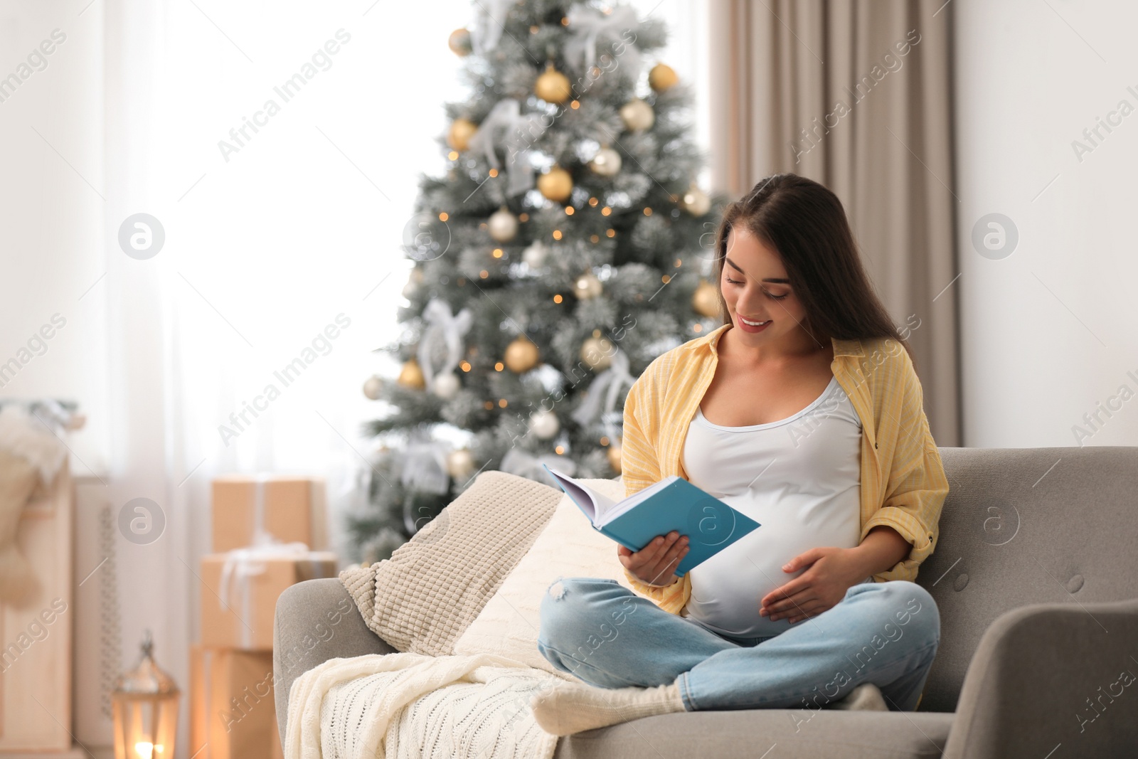 Photo of Happy pregnant woman with book in living room decorated for Christmas. Expecting baby