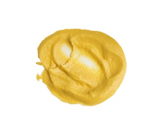 Photo of Tasty mustard isolated on white, top view. Spicy sauce