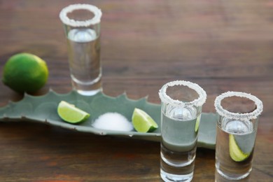 Photo of Mexican tequila shots, salt, lime and green leaf on wooden table, closeup. Drink made of agava