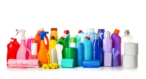 Photo of Set of cleaning supplies on white background