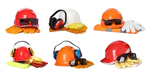 Image of Set with protective workwear on white background, banner design. Safety equipment