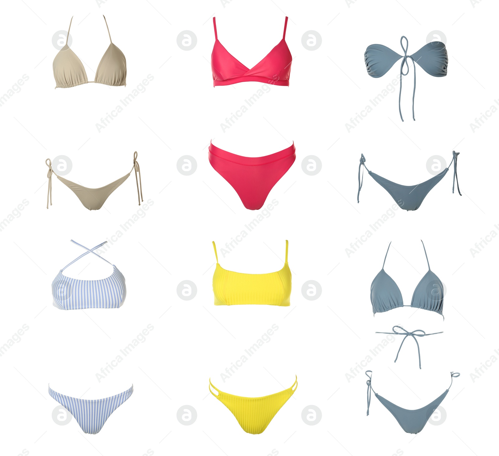 Image of Collection of different stylish bikini on white background 