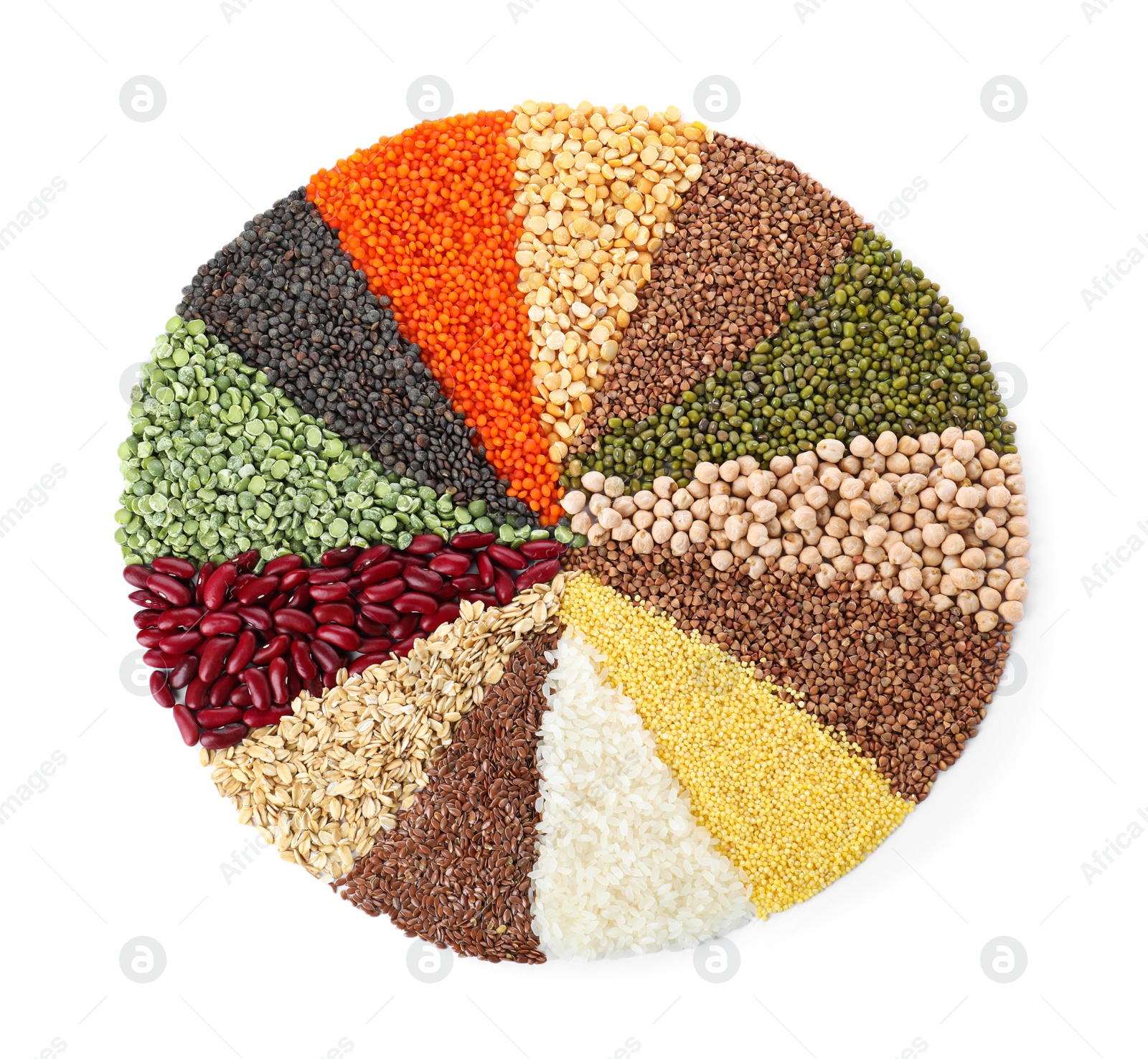 Photo of Different grains and cereals on white background, top view