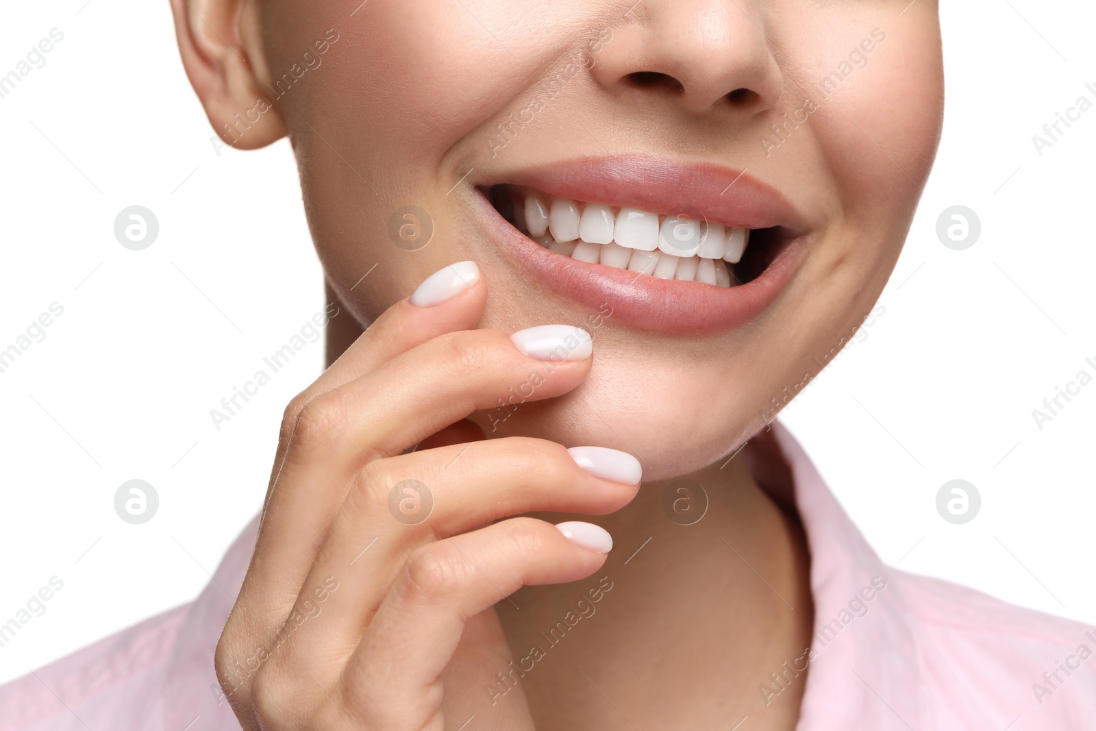 Photo of Woman with clean teeth smiling on white background, closeup