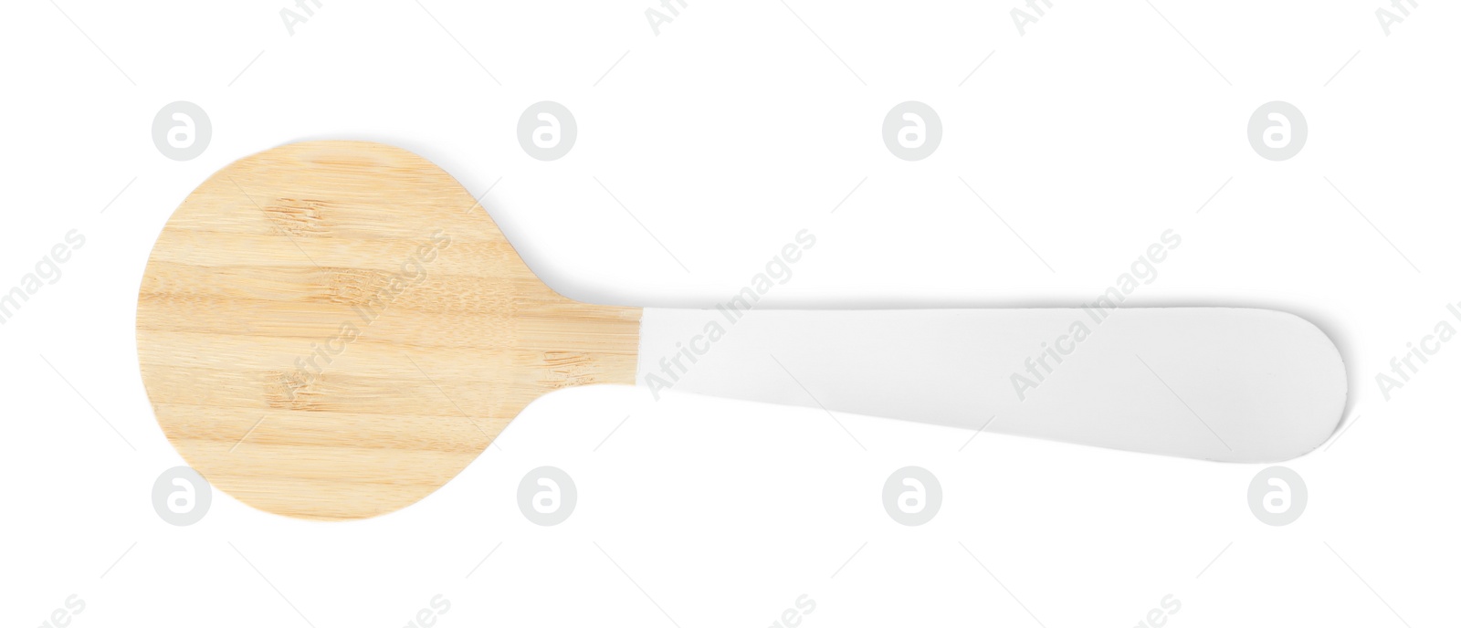 Photo of Kitchen utensil made of bamboo on white background, top view