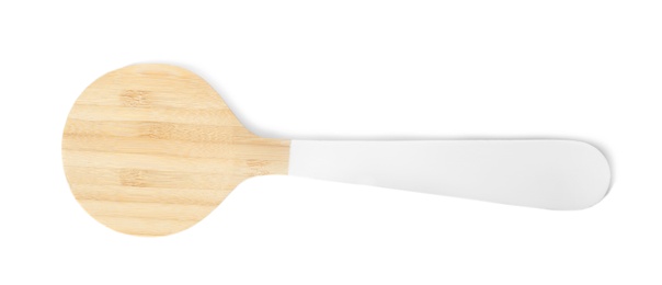 Photo of Kitchen utensil made of bamboo on white background, top view