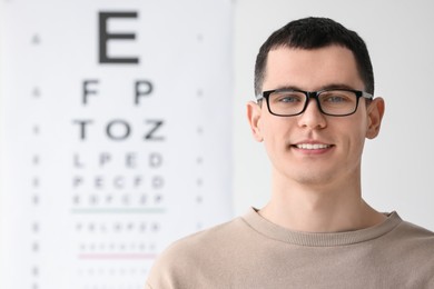 Photo of Young man with glasses against vision test chart