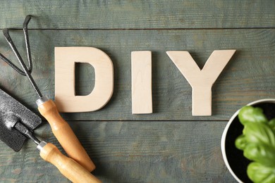 Photo of Abbreviation DIY made of letters, gardening tools and green plant on wooden table, flat lay
