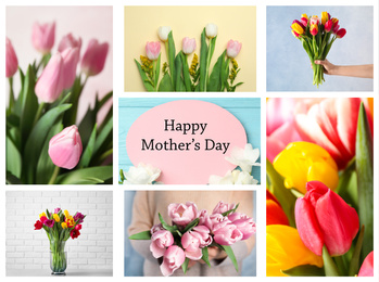 Image of Collage with photos of beautiful flowers and text Happy Mother's Day