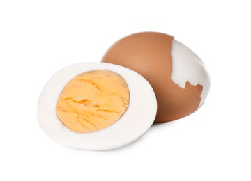 Tasty fresh hard boiled eggs on white background