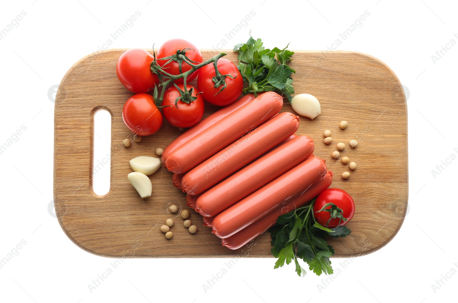 Photo of Fresh raw vegetarian sausages, tomatoes, garlic, parsley and soybeans on white background, top view