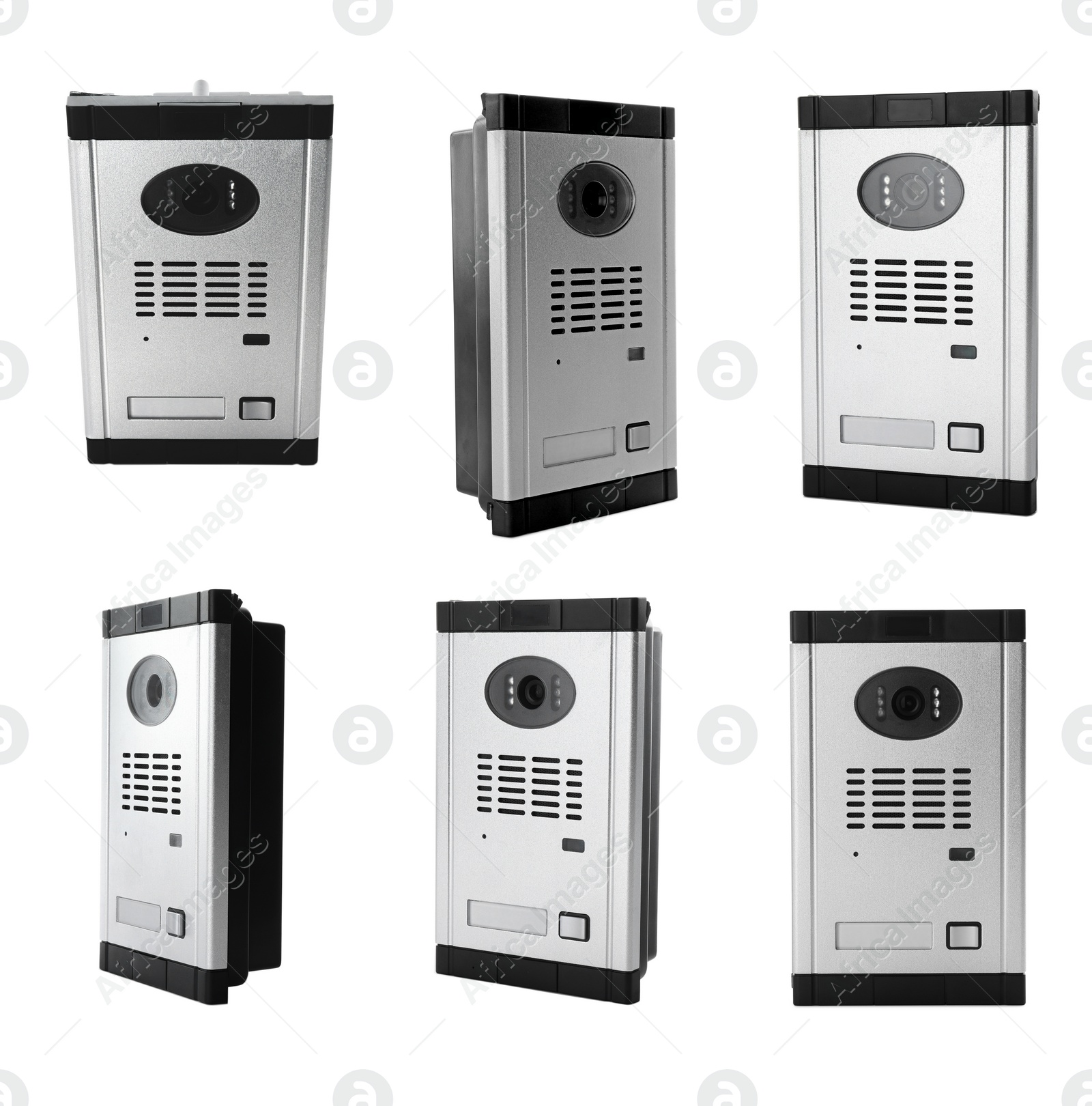 Image of Set with modern intercom door stations on white background