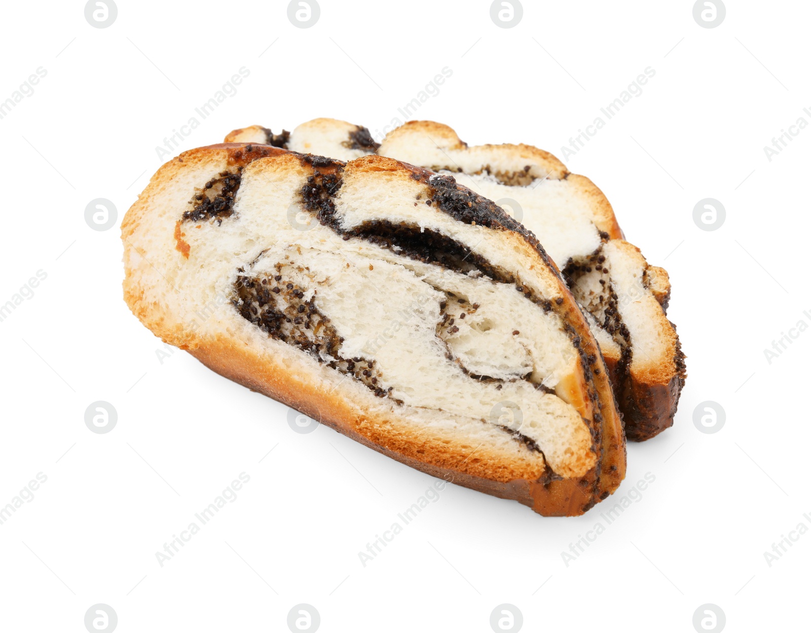 Photo of Slices of poppy seed roll isolated on white. Tasty cake