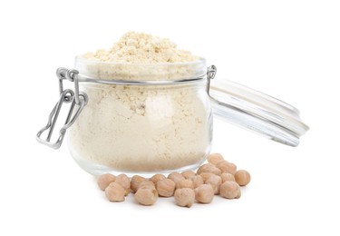Photo of Chickpea flour in glass jar and seeds isolated on white
