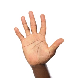 Photo of African-American man showing hand gesture on white background, closeup