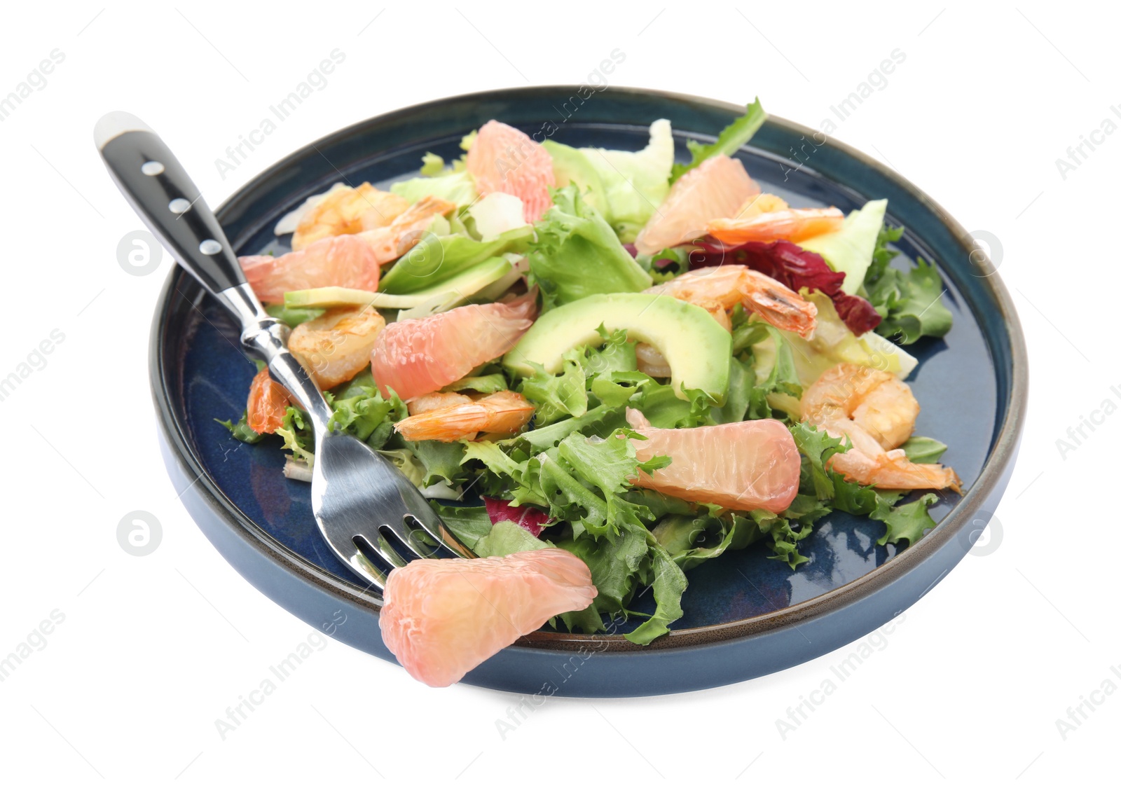 Photo of Delicious pomelo salad with shrimps and fork on white background