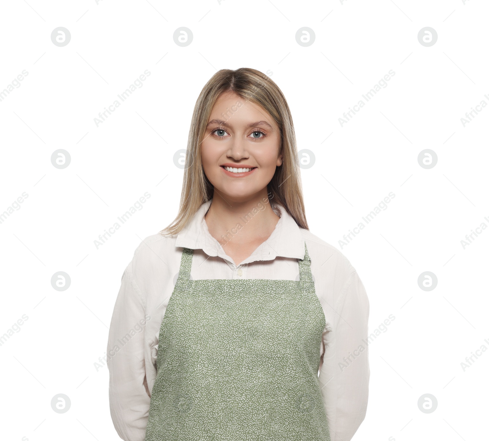 Photo of Beautiful young woman in clean apron on white background