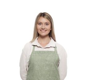 Beautiful young woman in clean apron on white background