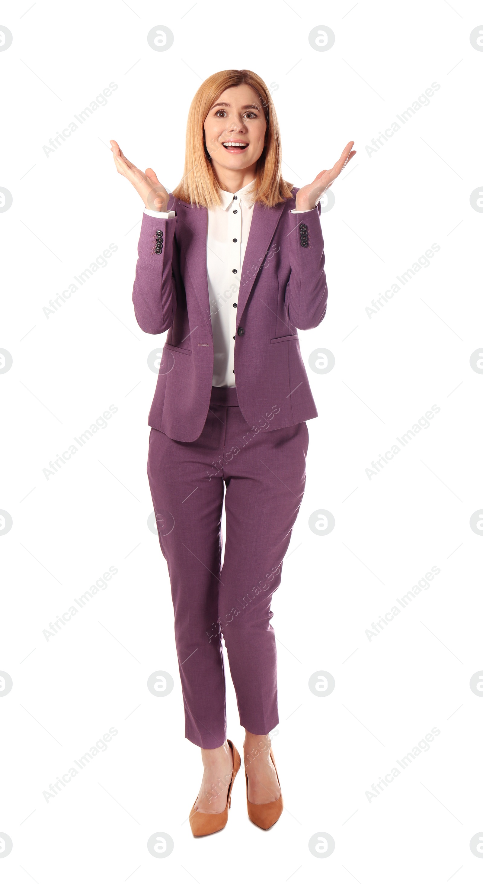 Photo of Full length portrait of emotional businesswoman on white background