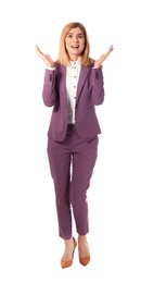 Full length portrait of emotional businesswoman on white background