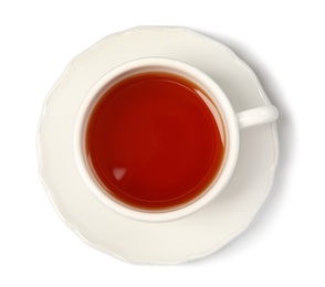 Ceramic cup of hot aromatic tea on white background