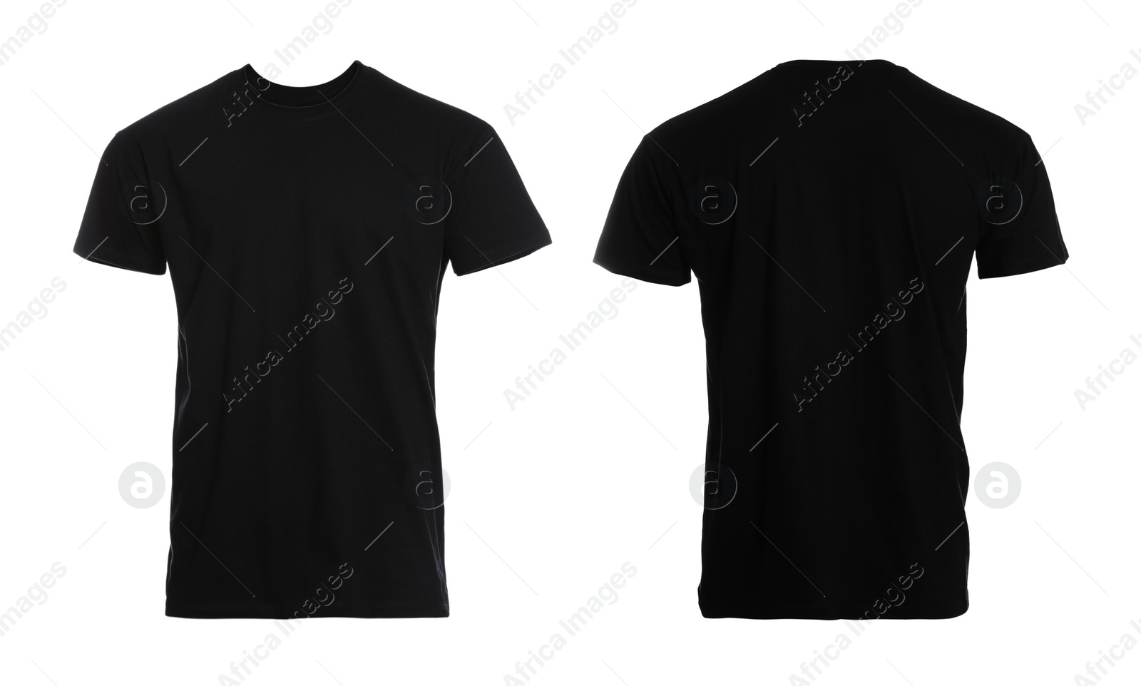 Image of Black t-shirt with space for design isolated on white. Back and front views