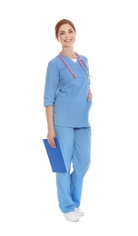 Photo of Full length portrait of medical doctor with clipboard and stethoscope isolated on white