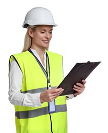 Engineer in hard hat holding clipboard on white background