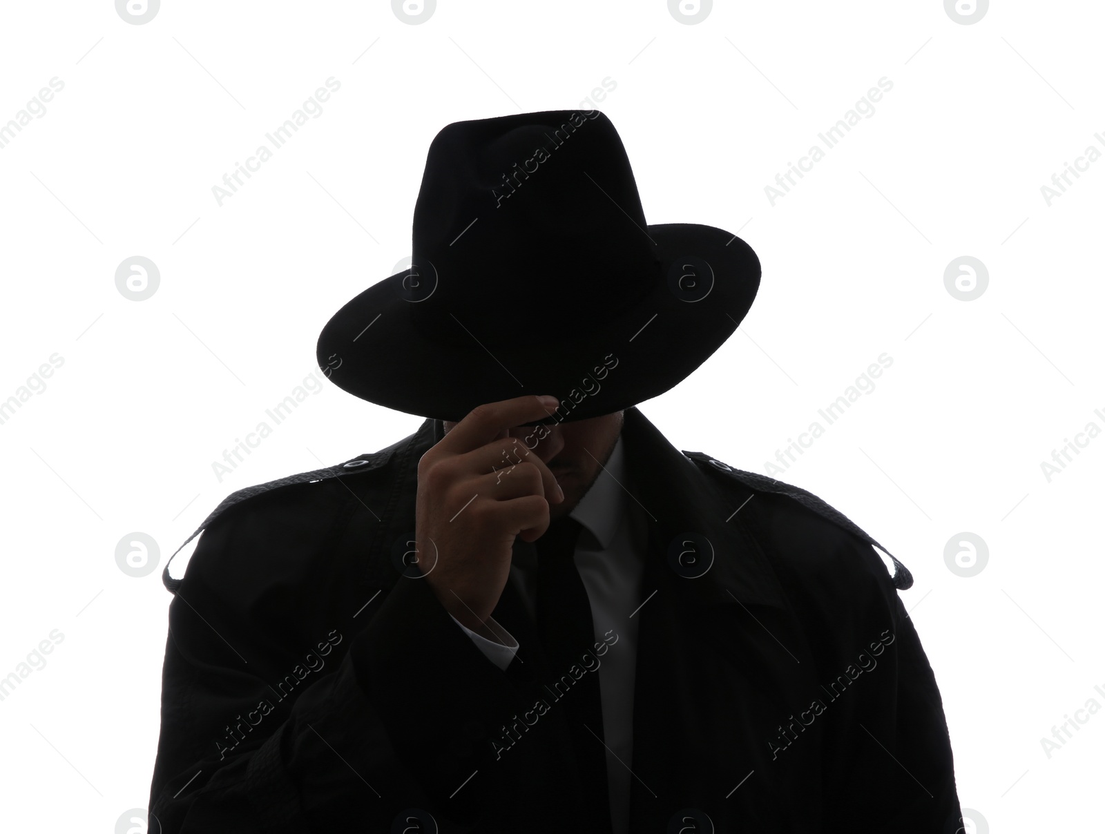 Photo of Old fashioned detective in hat on white background