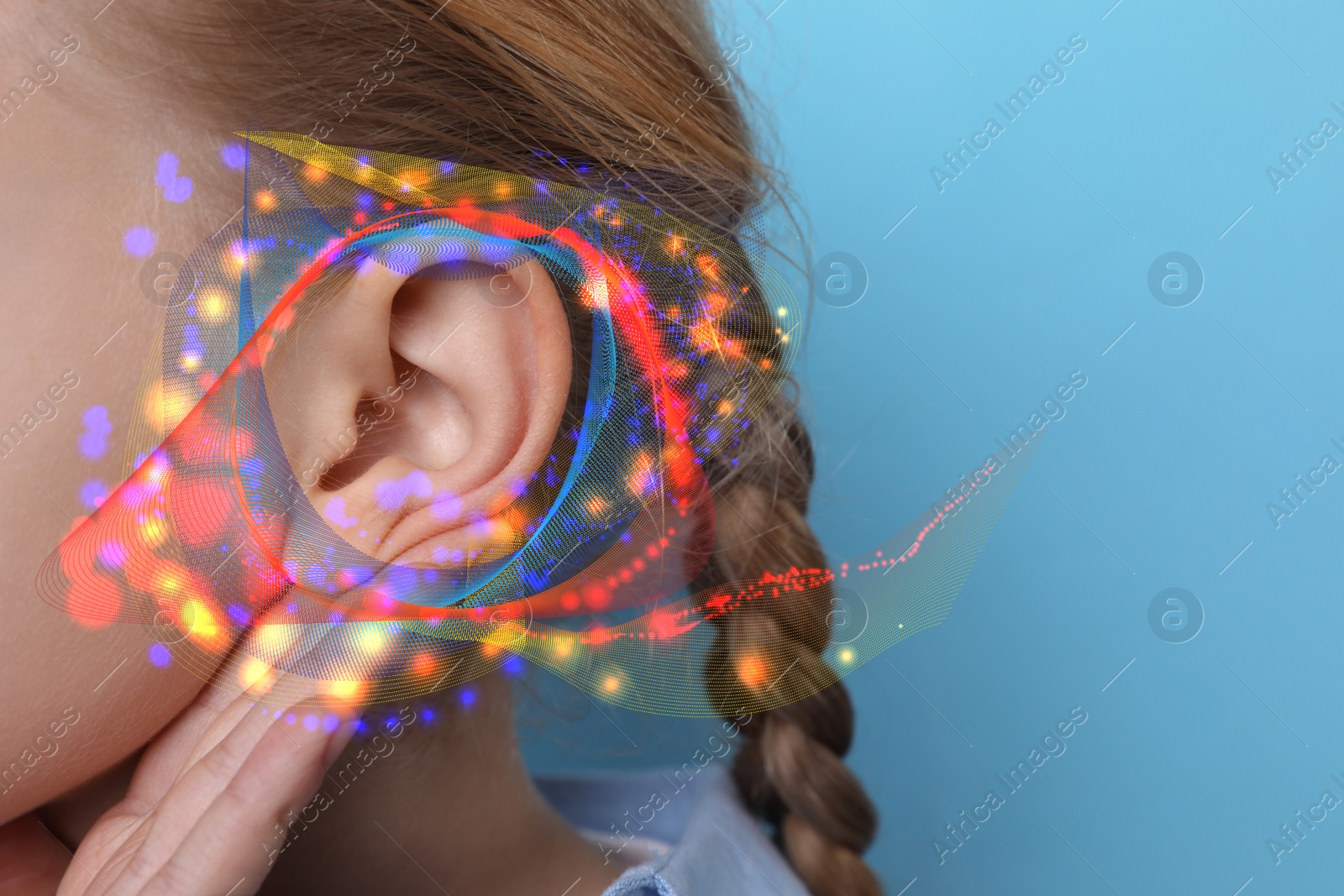 Image of Woman and sound waves illustration on light blue background, closeup. Hearing concept