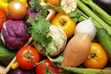 Many fresh ripe vegetables as background. Organic food