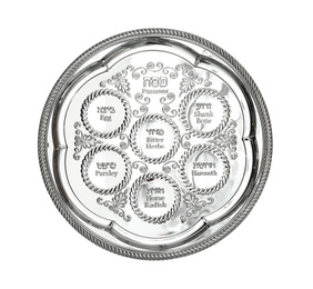 Empty Passover Seder plate (keara) isolated on white, top view. Pesah celebration