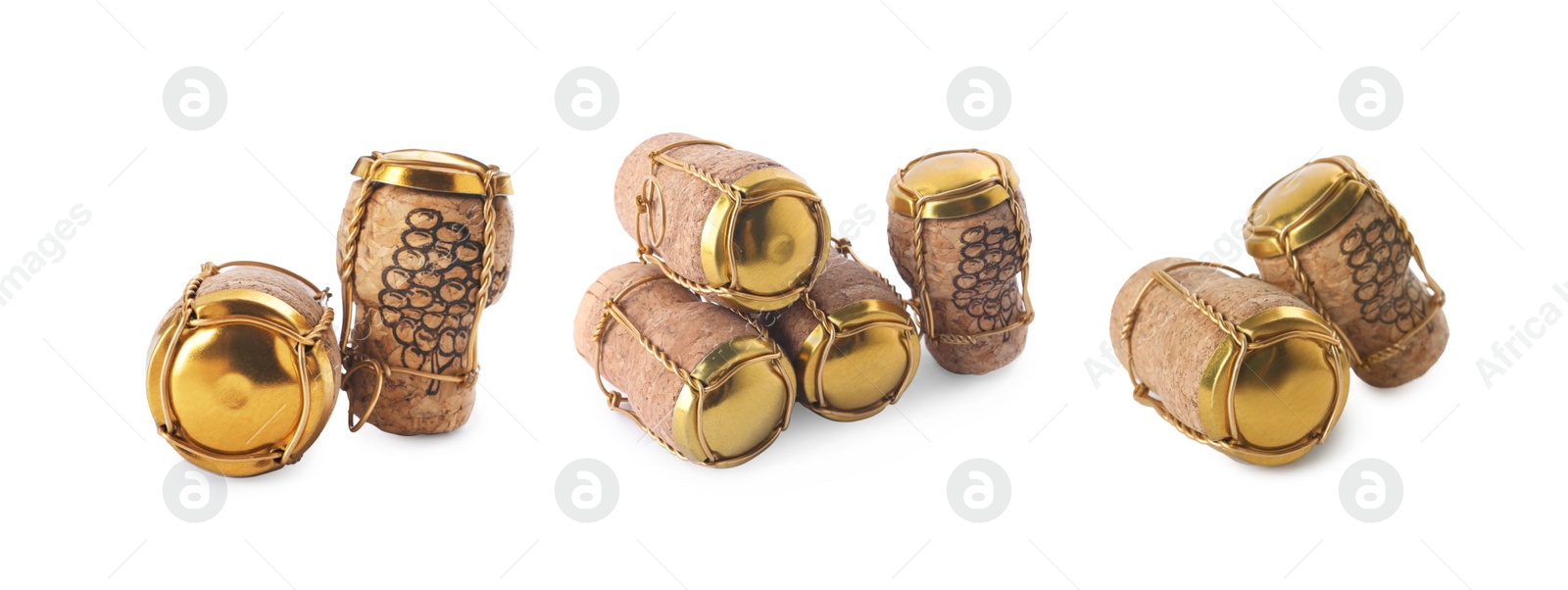 Image of Set with corks of sparkling wine bottles with muselet caps on white background. Banner design