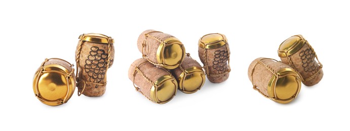 Image of Set with corks of sparkling wine bottles with muselet caps on white background. Banner design