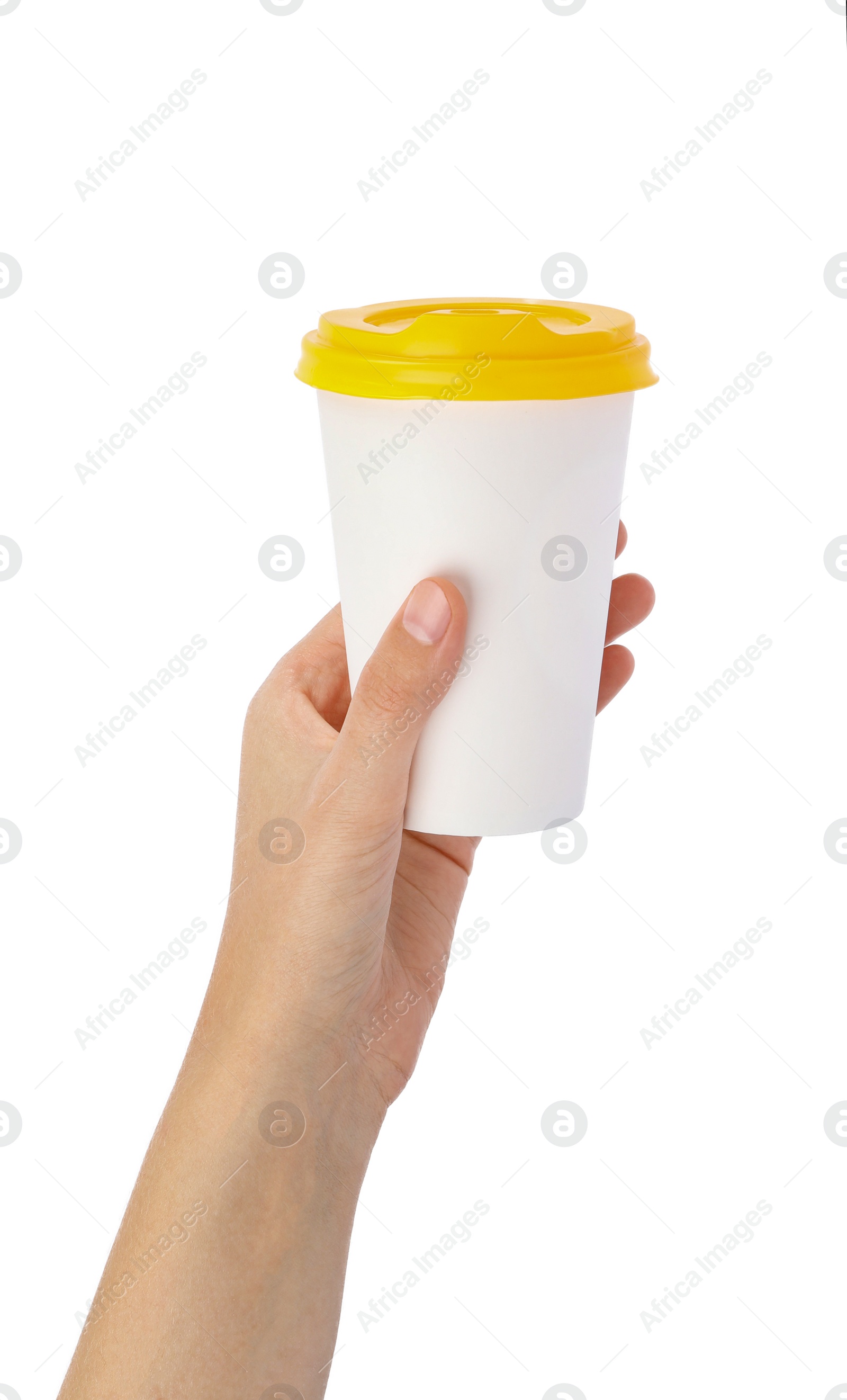 Photo of Woman holding takeaway paper coffee cup on white background, closeup