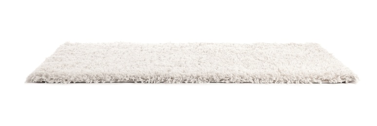 Photo of Fuzzy carpet on white background. Interior element