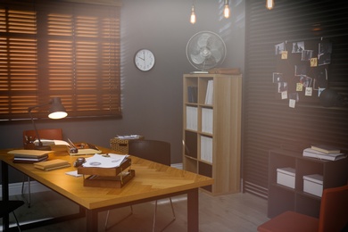 Detective office interior with evidence board on wall