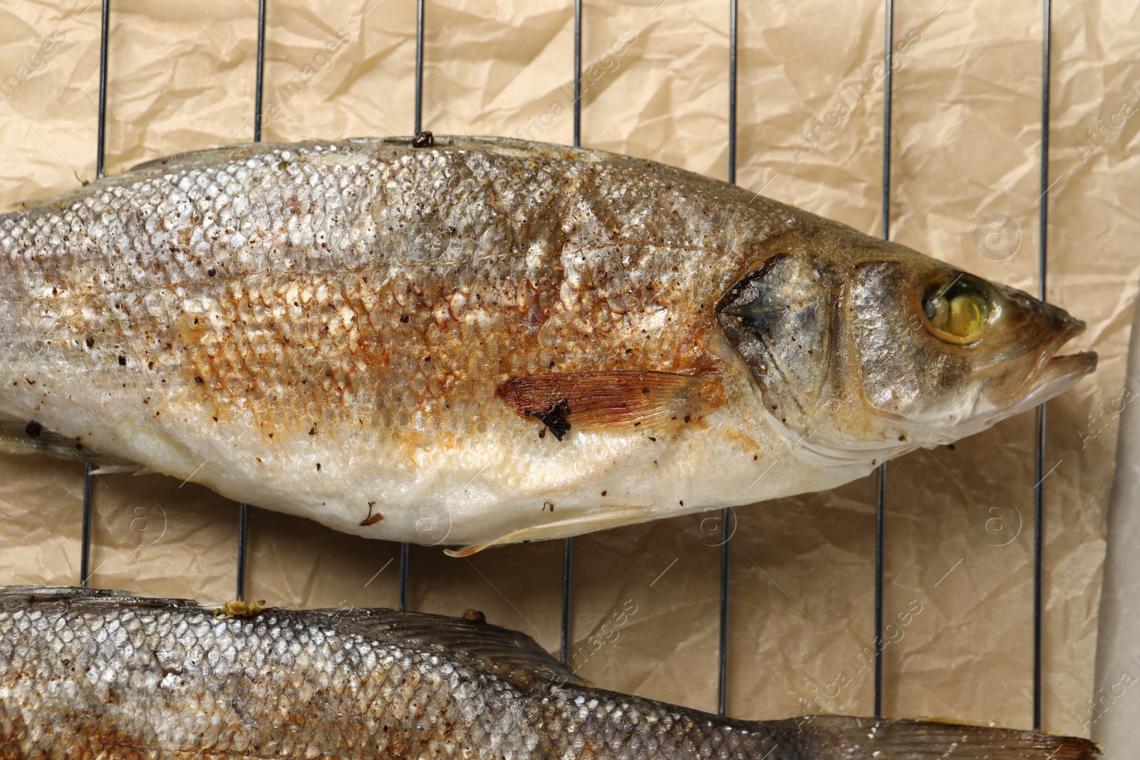 Photo of Baked fish on cooling rack, flat lay