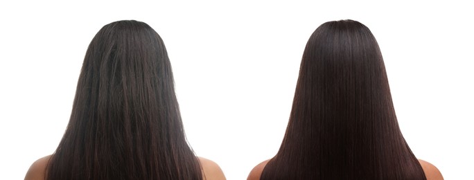 Woman before and after hair treatment on white background, back view. Collage showing damaged and healthy hair