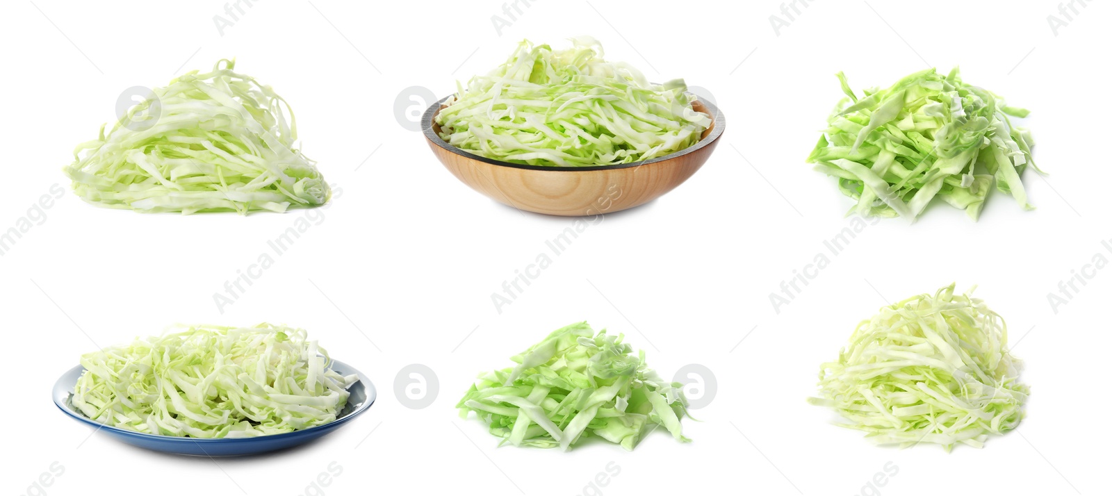 Image of Set with heaps of chopped cabbage on white background. Banner design