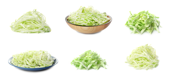 Image of Set with heaps of chopped cabbage on white background. Banner design